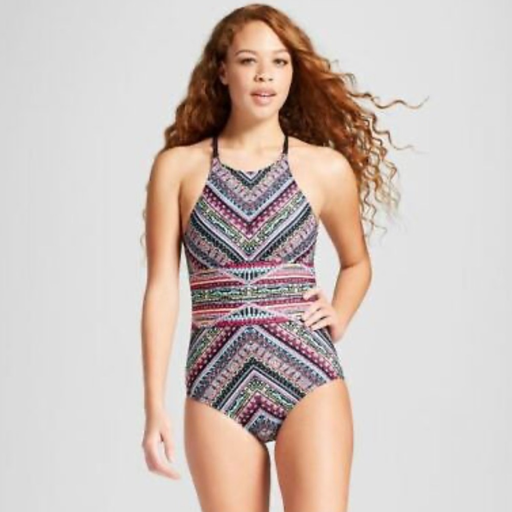 Mossimo Women's High Neck Strappy Back One Piece Swimsuit NWT Multi Berry Tribal